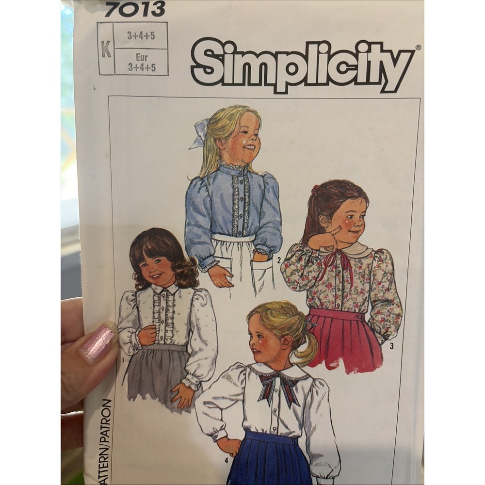 Simplicity 7013 Girls Blouse Vintage 1985 Sewing Pattern Uncut Size 3 4 5